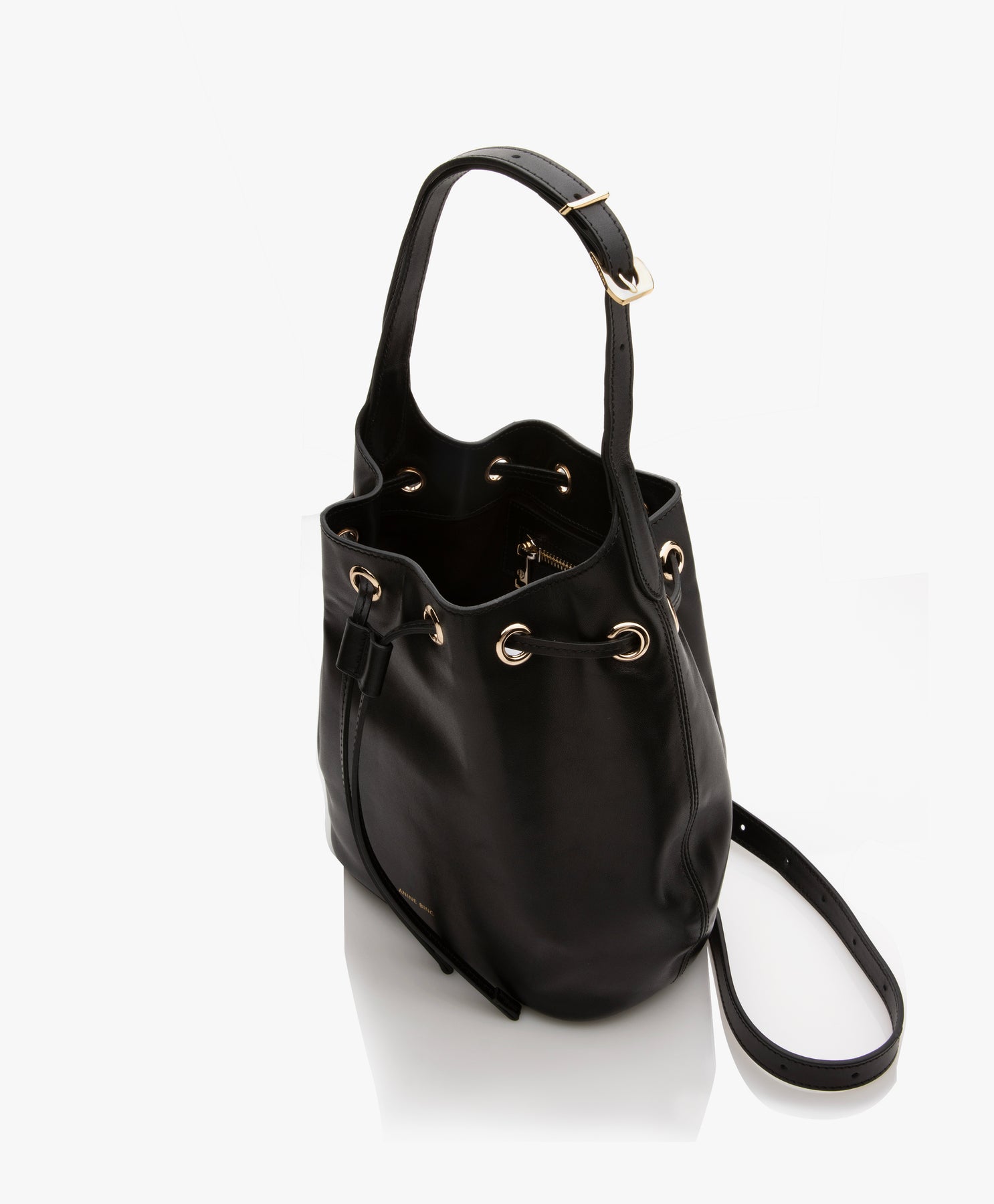 Anine Bing Alana Leather Bucket Bag in Black